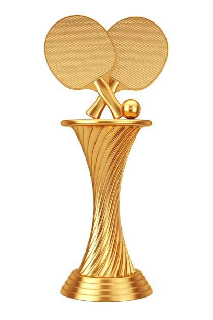 Concept De Récompense De Tennis. Raquettes Et Balle De Tennis De Ping-pong De Trophée D'or De Récompense Sur Un Fond Blanc. Rendu 3d.