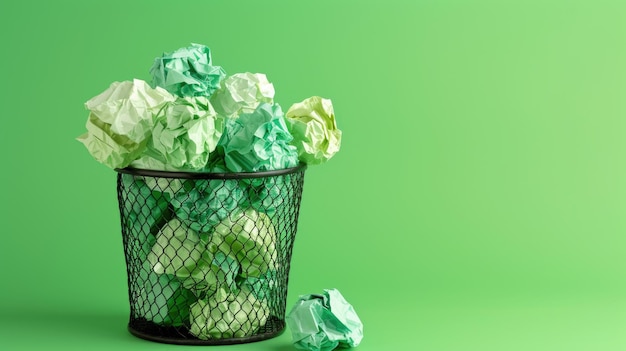 Photo concept de recyclage du papier froissé dans un panier à déchets surchargé