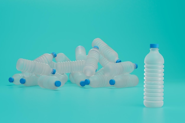 Le concept de recyclage du plastique des bouteilles en plastique vides sur un fond turquoise rendu 3D
