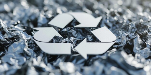 Photo concept de recyclage symbole blanc sur une feuille d'aluminium froissée