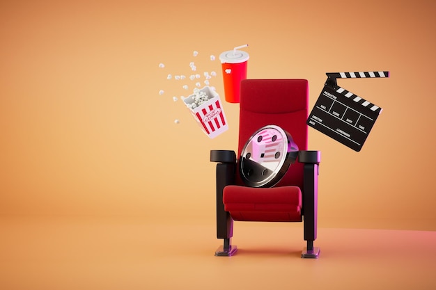 Le concept de regarder des films une chaise rouge avec pop-corn vidéo et soda sur fond orange rendu 3D