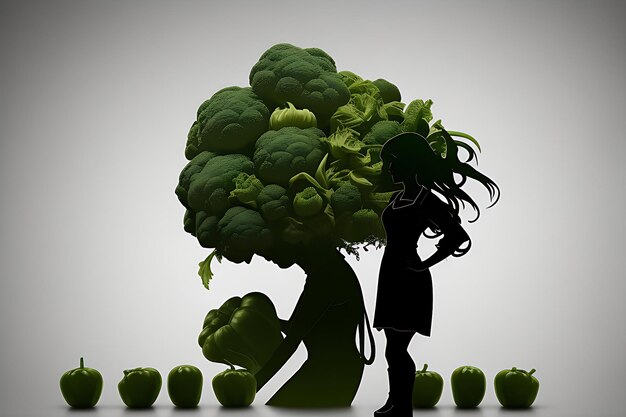 Concept de régime alimentaire féminin Silhouette de femme et de légumes Concept de style de vie sain