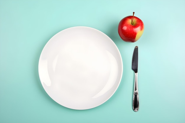 Concept de régime Assiette vide khife et pomme Mise à plat de l'espace de bakground bleu clair pour le texte généré par l'IA