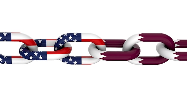 Concept de relation entre les États-Unis et le Qatar Drapeaux nationaux sur la chaîne liée Rendu 3D