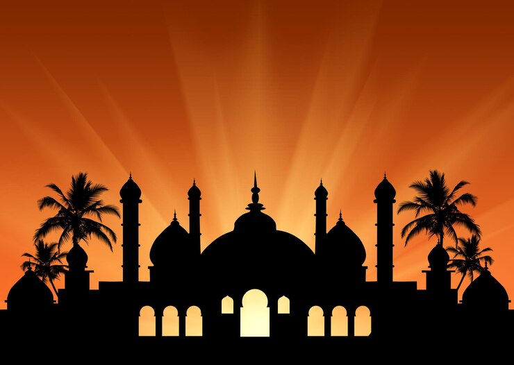 Photo concept de la religion islamique. silhouette de la mairie au coucher du soleil dans les rayons de lumière
