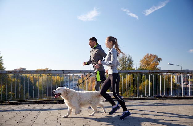 concept de remise en forme, de sport, de personnes et de jogging - couple heureux avec un chien qui court à l'extérieur