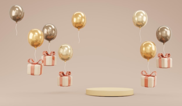 Concept de rendu 3D de ballon et thème de couleur beige de luxe de boîte présente avec affichage de podium pour la publicité sur fond pour la conception commerciale Illustration de dessin animé de rendu 3D de cadeau et de ballon