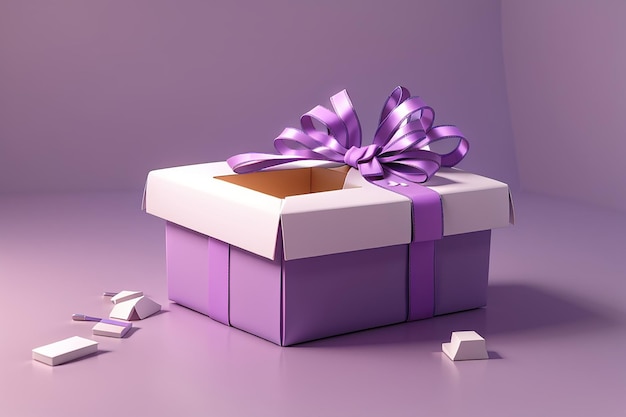 Le concept de rendu 3D d'une boîte présente s'ouvre pour montrer un papier vierge pour le design commercial thème violet rendu 3D illustration 3D