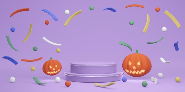Concept de rendu 3D de citrouilles d'Halloween et d'un podium avec des confettis sur fond violet