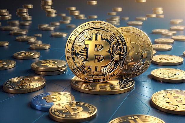 Concept de rendu 3D de crypto-monnaie avec pièce de monnaie bitcoin et pièce de monnaie fiduciaire en dollars