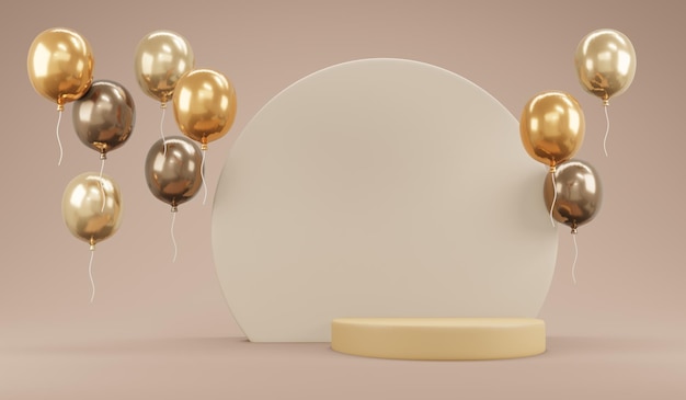 Concept de rendu 3D du thème de couleur beige de luxe ballon avec affichage du podium pour la publicité sur fond pour la conception commerciale illustration de dessin animé de rendu 3D