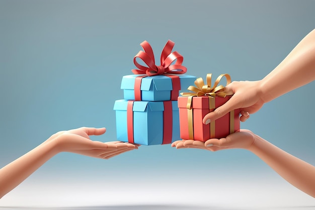 Concept de rendu 3D de la main envoyant une boîte de cadeau à l'autre main isolé sur blanc concept de don et de don illustration de dessin animé 3D