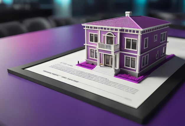 Photo concept de rendu 3d modèle miniature maquette d'un petit gratte-ciel sur la table dans une agence immobilière signant un contrat d'hypothèque document démontrant une entreprise futuriste