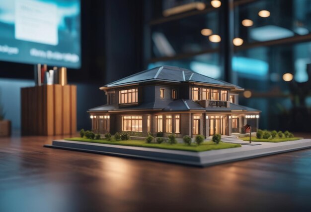 Concept de rendu 3D modèle miniature maquette d'un petit gratte-ciel sur la table dans une agence immobilière signant un contrat d'hypothèque document démontrant une entreprise futuriste