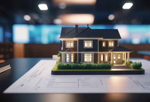Concept de rendu 3D modèle miniature maquette d'un petit gratte-ciel sur la table dans une agence immobilière signant un contrat d'hypothèque document démontrant une entreprise futuriste