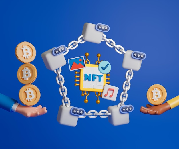 concept de rendu 3d NFT ou illustration de jeton non fongible. Les gens achètent NFT en utilisant la crypto-monnaie.