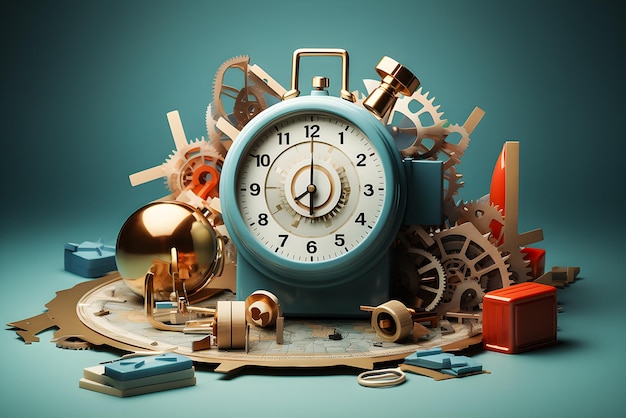 Photo concept de rendu 3d de la transience de la vie grande horloge et composition géométrique avec engrenages génératifs ai