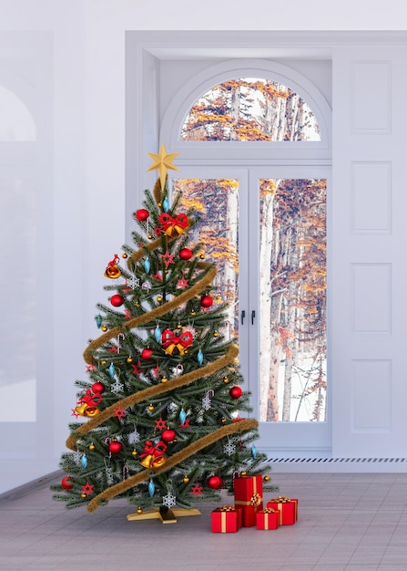 Concept de rendu intérieur de fond d'arbre de Noël avec paysage enneigé à l'arrière