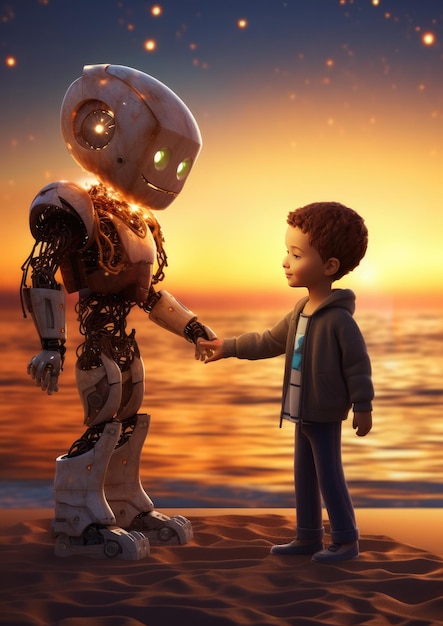 Concept de rentrée scolaire, un enfant humain utilise un robot pour simplifier la vie avec l'IA Generative Ai