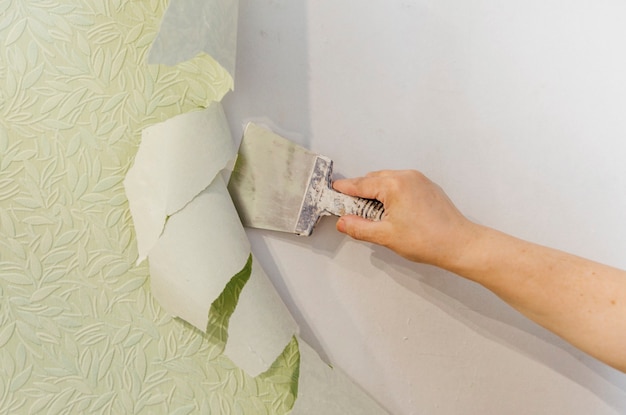 le concept de réparation enlevant le papier peint du mur