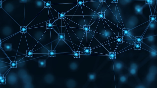 Concept de réseau Blockchain. Blocs numériques isométriques connexion de données volumineuses code carré.