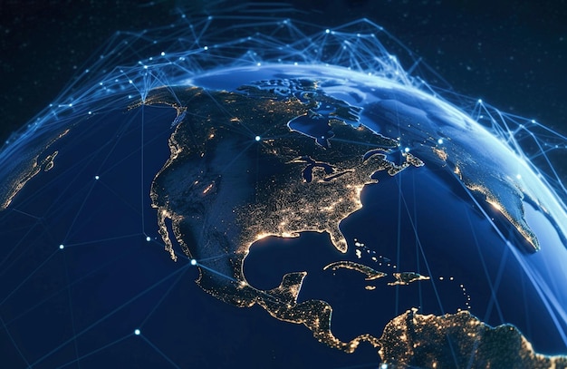 Concept de réseau de communication mondial génératif IA points de réseau entourant la planète terre