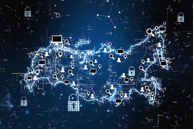 Concept de réseau social avec carte numérique de la Russie et icônes de médias sociaux se verrouille et signe d'ordinateur sur fond sombre abstrait