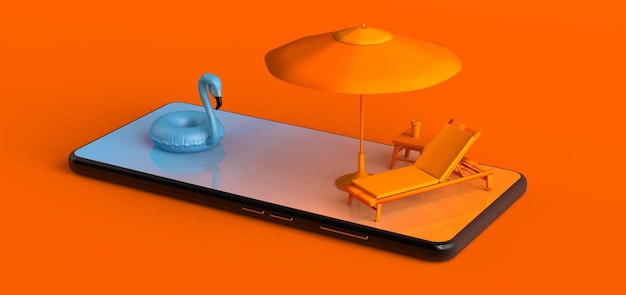Concept de réservation de vacances d'été en ligne pour smartphone avec chaise longue de plage et flotteur flamant rose Illustration 3D de l'espace de copie
