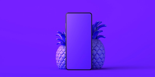 Concept de réservation de vacances d'été en ligne avec smartphone et ananas Copie espace illustration 3D