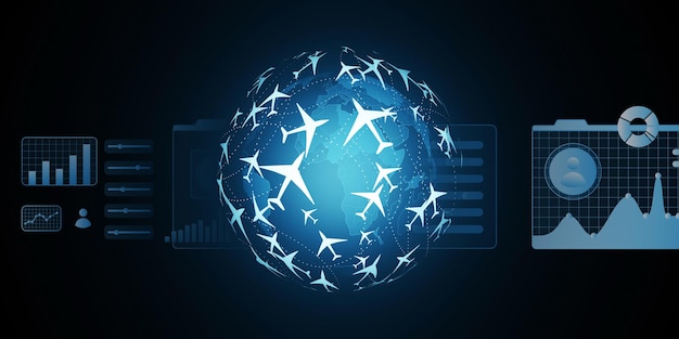 Concept de réservation de vol numérique avec carte mondiale et interface de données 3D