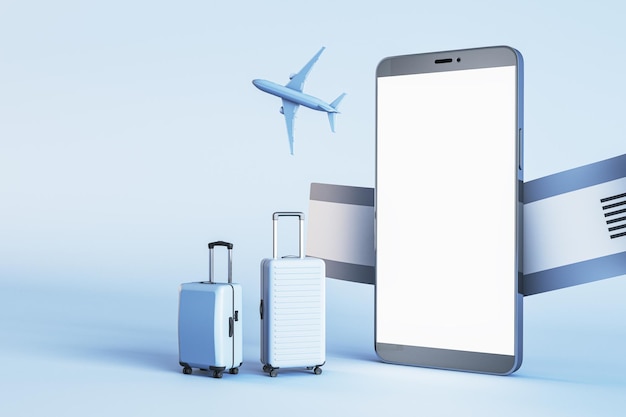 Concept de réservation et de voyage mobile avec valises près d'un smartphone moderne avec écran blanc vierge pour votre application ou avion de conception Web et billets sur fond clair maquette de rendu 3D