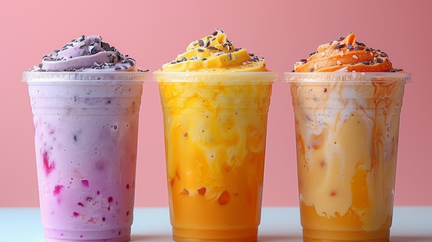 Concept de restauration créatif Smoothie de milk-shake coloré isolé sur un fond pastel espace de copie du menu du café