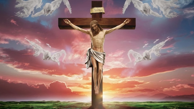 Le concept de la résurrection, la crucifixion de Jésus-Christ, la croix au coucher du soleil.