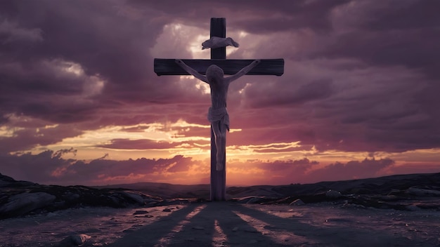 Le concept de la résurrection, la crucifixion de Jésus-Christ, la croix au coucher du soleil.