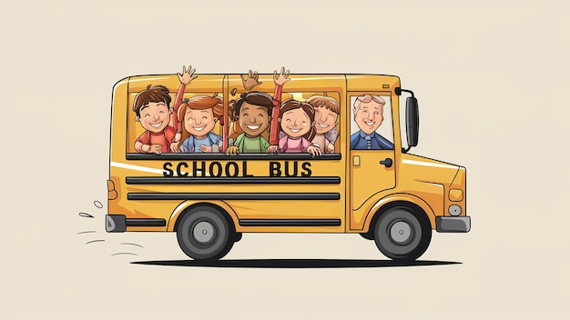 Concept de retour à l'école Bus scolaire avec les enfants Sac à dos avec des articles de papeterie