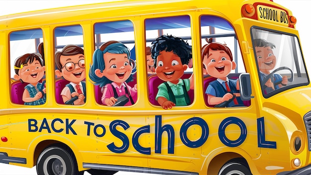 Concept de retour à l'école Bus scolaire avec les enfants Sac à dos avec des articles de papeterie