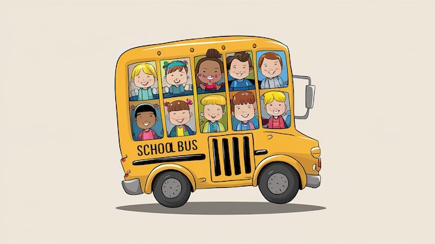 Concept de retour à l'école Bus scolaire avec les enfants Sac à dos avec des articles de papeterie