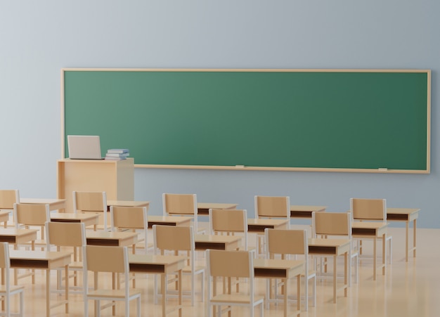 Concept de retour à l'école, classe sans élève avec chaises et tables sur le campus, rendu 3D