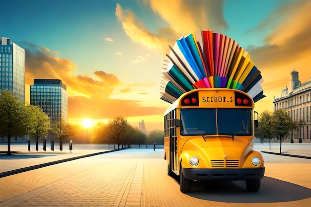 Photo concept de retour à l'école avec fournitures scolaires et équipement autobus scolaire avec accessoires scolaires et boo