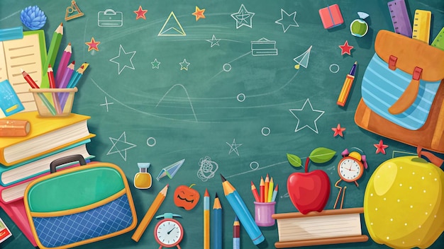 Concept de retour à l'école avec des livres au tableau, des crayons et un sac à dos
