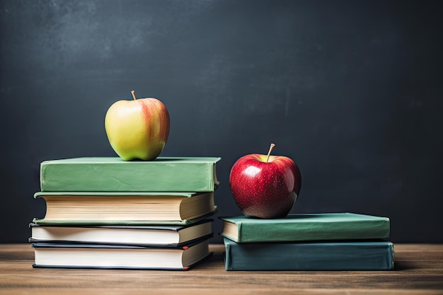 Concept de retour à l'école avec des livres et des pommes sur le tableau