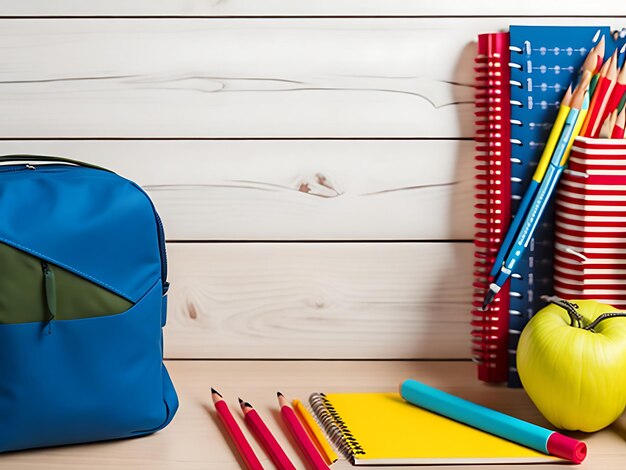 Concept de retour à l'école Sac à dos avec fournitures scolaires et accessoires Contexte