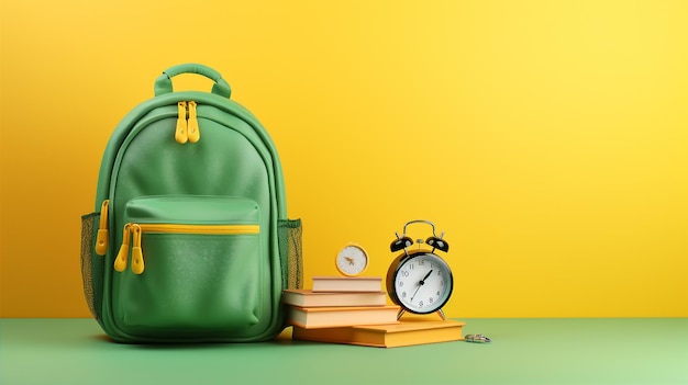 Concept de retour à l'école Sac à dos vert avec livres et matériel scolaire sur fond jaune