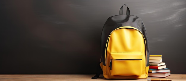 Concept de retour à l'école avec un sac jaune et des livres sur un tableau noir