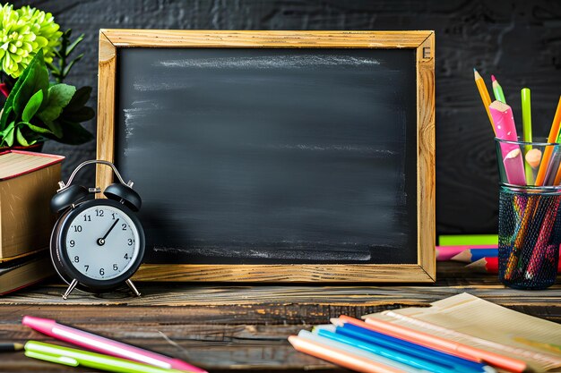 Concept de retour à l'école avec tableau noir et réveil sur table en bois