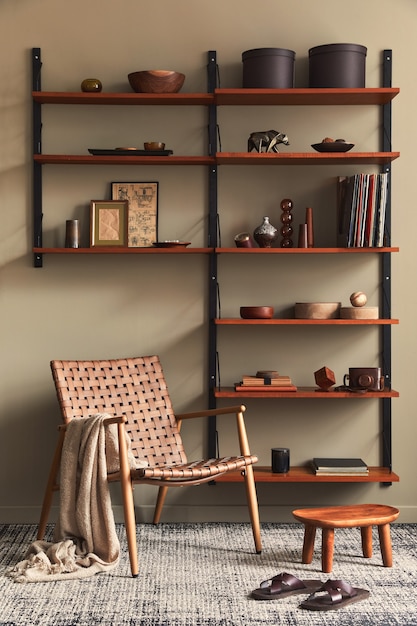 Concept rétro moderne d'intérieur de salon avec fauteuil élégant, étagère en bois, livre, cadre photo, décoration et accessoires personnels élégants dans la décoration intérieure.