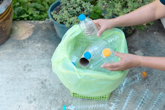 Le concept de réutilisation des déchets de bouteilles en plastique pour le recyclage Les bénévoles stockent des bouteelles en plastique dans des boîtes en carton dans un parc L'élimination, le recycle et la gestion des déchets Une bonne conscience