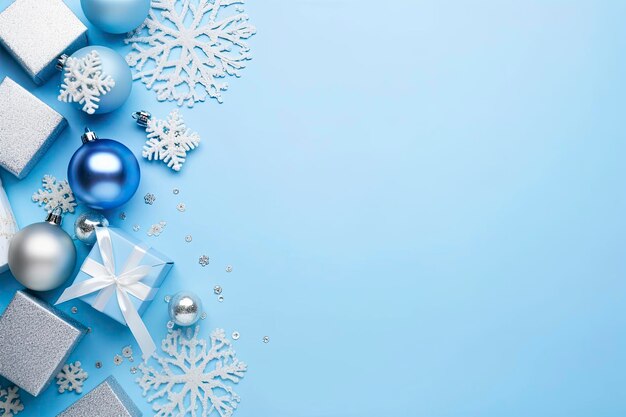 Concept de réveillon de Noël photo vue de dessus de boules bleues et argentées ornements de flocon de neige boîtes cadeaux et confettis élégants