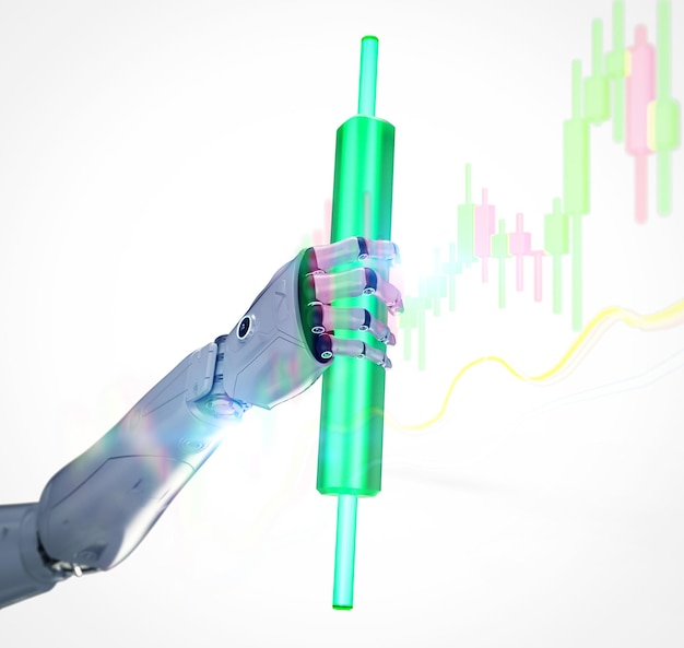 Photo concept de robot de trading avec robot avec graphique en forme de bougie