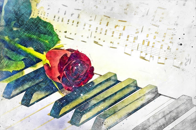 Concept romantique - rose rouge sur les touches du piano. Dessin artistique à l'aquarelle.